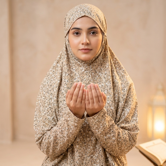 Printed Namaz Chaddar with sleeves and Niqab-Mustard Floral