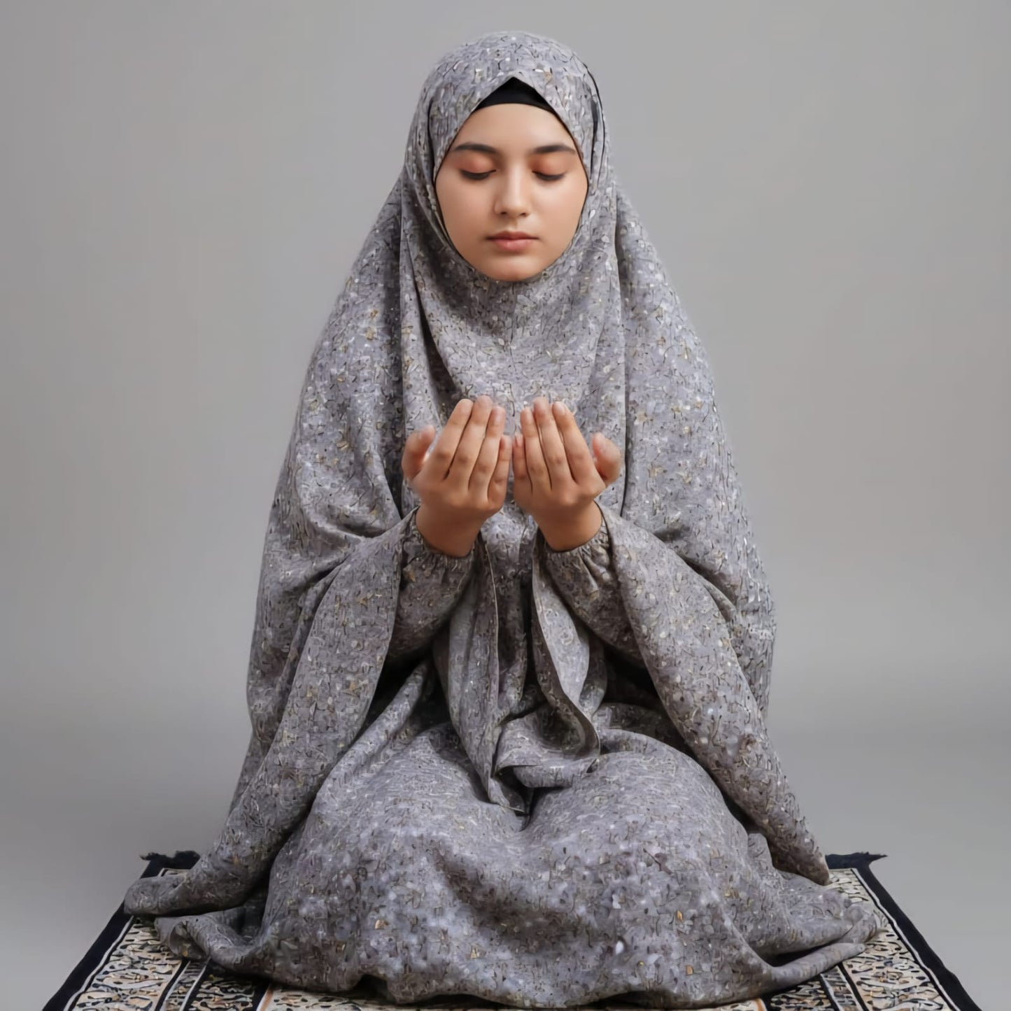 Printed Namaz Chaddar with sleeves and Niqab-Gray Floral