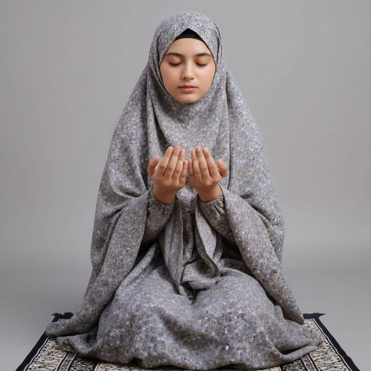 Printed Namaz Chaddar with sleeves and Niqab-Gray Floral